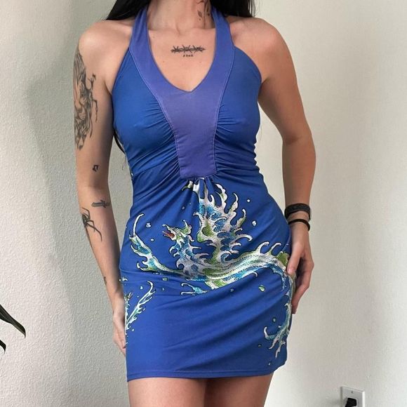 vtg y2k rare blue Ed Hardy by Christian Audigier halter rhinestone dress - Picture 2 of 4